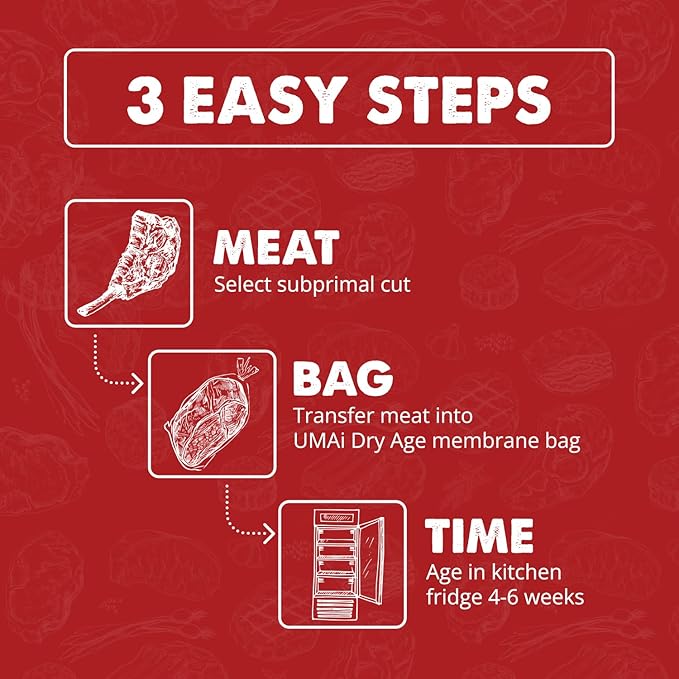 UMAi Dry Aging Bag for Steaks, Pack of 3, Dry Age Bags for Meat, Ribeye & Striploin Steak up to 12-18 lbs, Home Steak Ager Refrigerator Bags, No Vacuum Sealer Needed, Tender Aged Beef in 28-45 Days