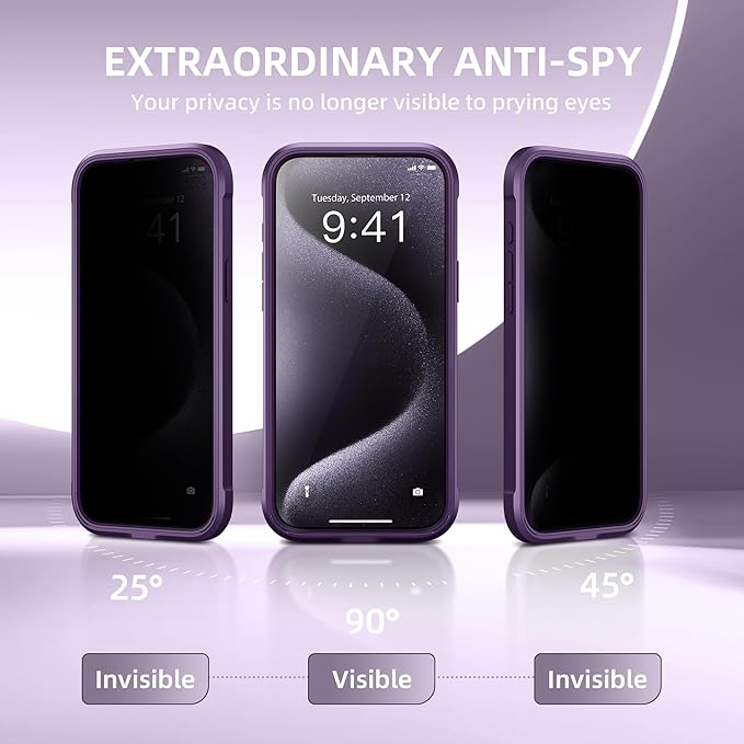 TIESZEN for iPhone 15 Pro Case, Compatible with MagSafe, Built-in Privacy Screen Protector and Camera Protection, Anti Spy Full Body Dustproof Shockproof Hard Phone Case 6.1", Deep Purple