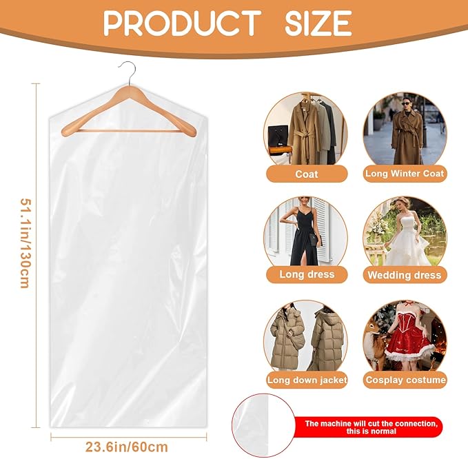 90 PCS Dry Cleaner Bags Plastic Clear 51 Inches,Garment Bags for Hanging Clothes Plastic Garment Bags Clear Clothes Covers Dry Cleaner Bags Hanging Dust-proof(60x130cm)