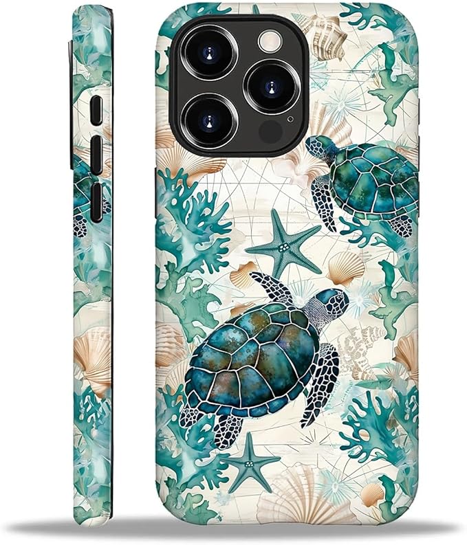 for iPhone 16 Pro Case,HH2 Ocean Sea Turtle Nautical Map Hybrid 2 Layer Hard Shell Silicone Protective Pattern Design Case
