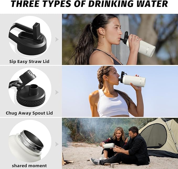 32oz Insulated Water Bottle (Cold for 48 Hrs),BPA Free&Leak Proof,Stainless Steel Water Flask,Water Jug with Straw Spout Lids for Gym,Hiking,Travel,White