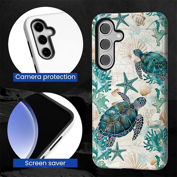 for Samsung Galaxy S24 Plus Case,HL2 Ocean Sea Turtle Nautical Map Hybrid 2 Layer Hard Shell Silicone Protective Pattern Design Case