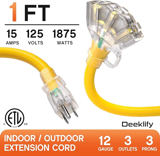 1 ft 12 Gauge Heavy Duty 3 Outlet Extension Cord Splitter with Indicator, Waterproof Outdoor Extension Cord with Multiple Outlets, 15A 1875W for Workshop, ETL Listed, Yellow SJTW, 2 Pack