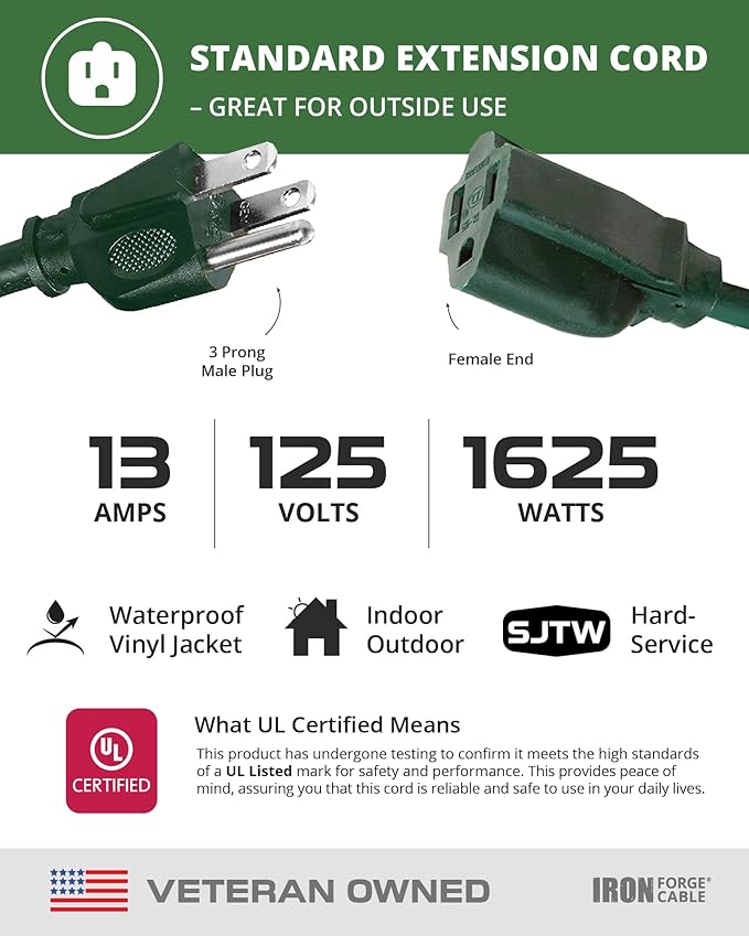 Iron Forge Cable Weatherproof 50 Ft Outdoor Extension Cord - 16/3 SJTW Heavy Duty Green Extension Cord Outdoor 3 Prong - 13 Amp Exterior Power Cable