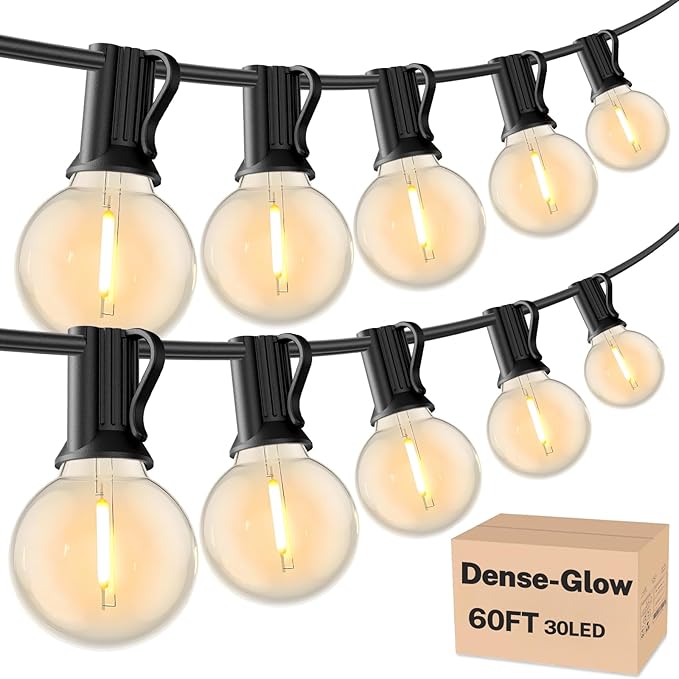 RTTY Outdoor String Lights 60 FT, Patio Lights with 32pcs Plastic G40 LED Bulbs,Shatterproof Waterproof Connectable Hanging for Porch Cafe Bistro Backyard Gazebo Balcony Deck Party
