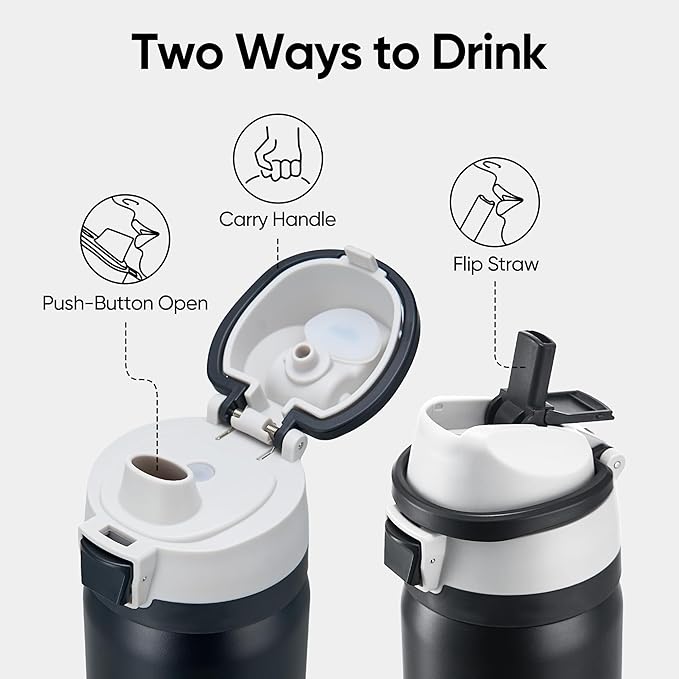 Fijinhom 32 oz Insulated Water Bottle with 2-in-1 Straw and Spout Lid, Stainless Steel Double Wall Vacuum Flask, Sports Water Bottle Keeps Cold 24H, Leak Proof for Gym, Outdoor, Travel (Black)