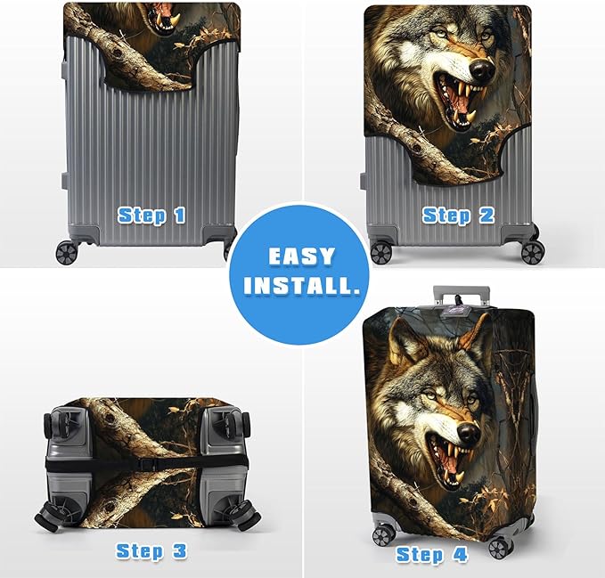 Luggage Cover Protector for 22-24 Inch Suitcases, TSA Approved Elastic Travel Suitcase Covers, Anti-Scratch Washable Luggage Sleeve for Carry On & Checked Bags, Fierce Wolf