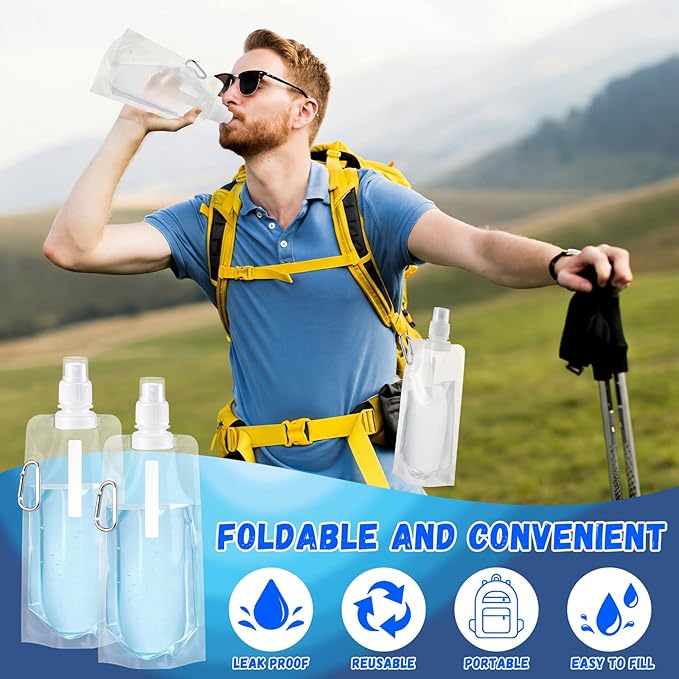 Teenyyou 48 Pack Collapsible Water Bottles Bulk 16oz Foldable Water Bottles with Carabiner Reusable Drinking Leak Proof Container Bags for Sport Biking Hiking Camping Travel Outdoor (Transparent)