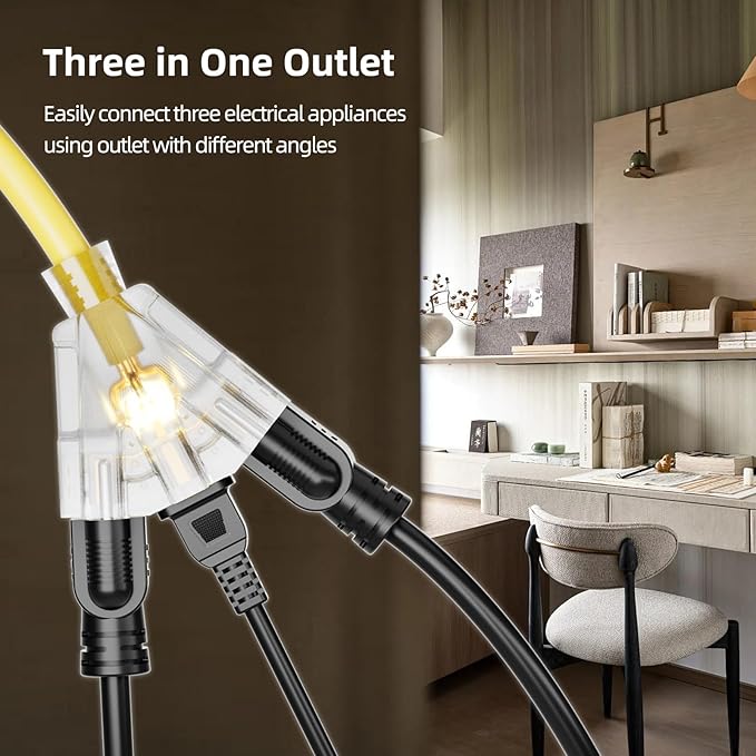 25 FT Outdoor Extension Cord with Multiple Outlets, 12 Gauge Heavy Duty Yellow Extension Cord Waterproof with 3 Outlet, 3 Prong Power Cord for Garden and Home Use Indicator Light, ETL Listed
