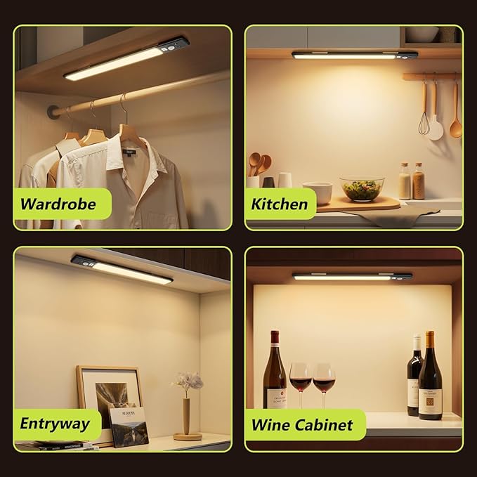 Mpotmiy Under Cabinet Lights with Digital Display,52 LED Rechargeable Motion Sensor Light Indoor,3 Color Temperatures, Magnetic Dimmable Closet Lights, Under Counter Light for Kitchen, Stairs,2-Pack