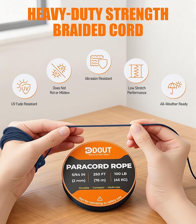 DDOUT 2mm Paracord 100lb, Thin Micro Paracord Rope, DKBlue 250FT Nylon Cord for Crafting, DIY Projects, Fishing, Camping & Outdoor