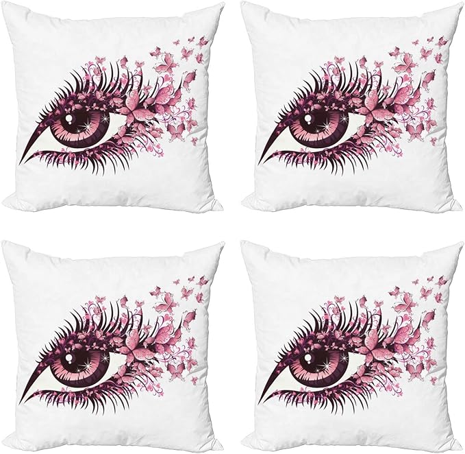 Ambesonne Butterflies Throw Pillow Cushion Case Pack of 4, Female Eye Eyelashes Mascara Stare Party Makeup Animal Print, Modern Accent Double-Sided Digital Printing, 16", Pink White