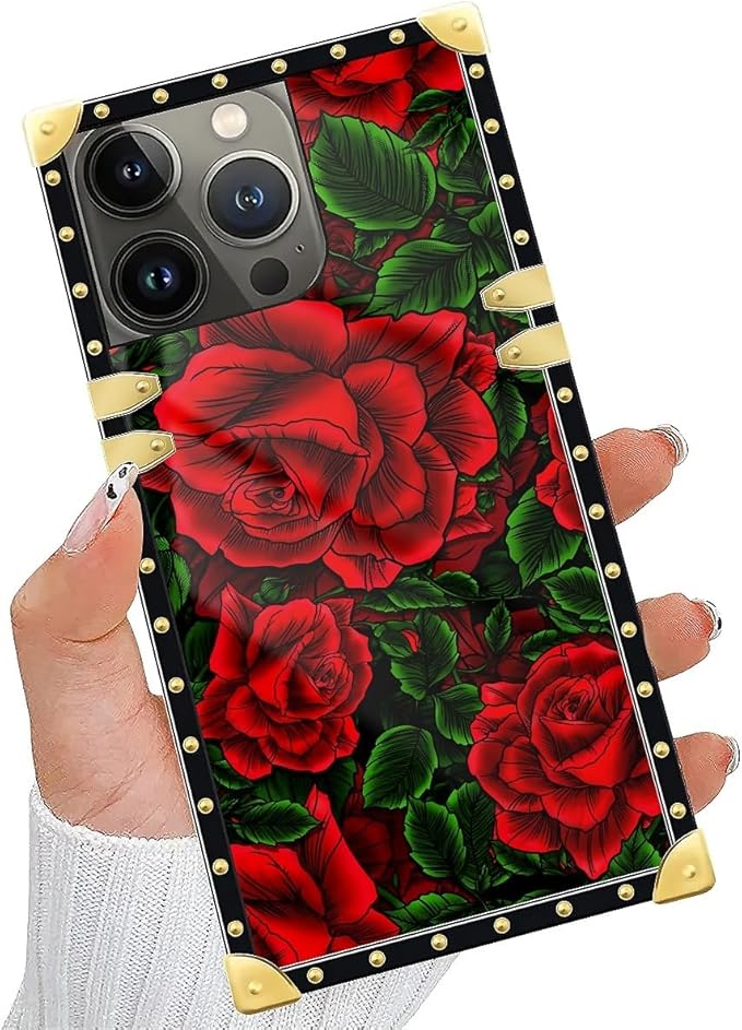 Compatible with iPhone 15 Pro Case, Vector Red Rose Green Leaf Luxury Golden Decoration for Girl Women Soft TPU Shockproof Protective Hard PC Back for iPhone 15 Pro