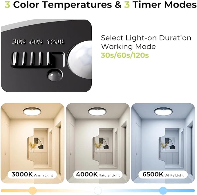 hepside Motion Sensor Ceiling Light Wired, 3000K/4000K/6500K LED Flush Mount Ceiling Light Fixture, 12Inch 24W Motion Sensor Light with Timer for Closet Stair Porch Hallway Pantry,Black