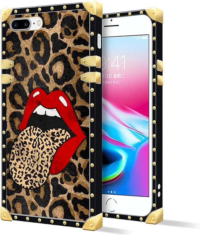 Compatible with iPhone 8 Plus 7 Plus Case, Brown Leopard Print Mouth Luxury Golden Decoration for Girl Women Soft TPU Shockproof Protective Hard PC Back for iPhone 8 Plus 7 Plus
