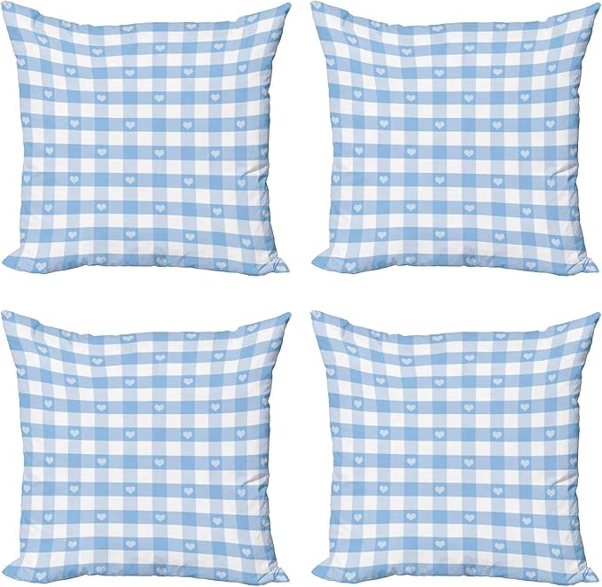 Ambesonne Checkered Decorative Throw Pillow Case Pack of 4, Gingham Motif with Little Hearts Pastel Blue Shower Theme, Cushion Cover for Couch Living Room Car, 18", Pale Blue White