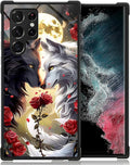for Samsung Galaxy S22 Ultra Case, Black White Wolf Moon Flower Rose Pattern Graphic Design Girl Boy Soft Silicone Hard Acrylic Shock Protection for Samsung Galaxy S22 Ultra