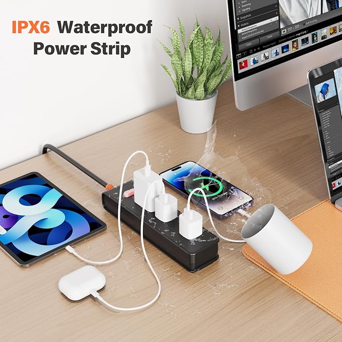 Outdoor Power Strip Weatherproof, IPX6 Waterproof Surge Protector with 3 Wide Outlets, 1625W/13A Overload Protection Switch, 6FT Extension Cord, Wall Mountable for Indoor Outdoor, UL FCC Listed