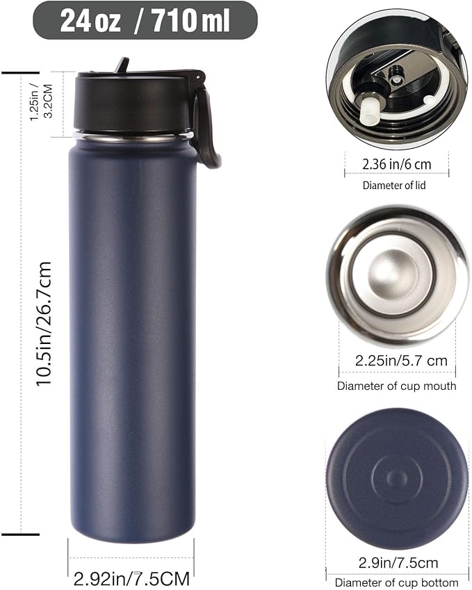 Volhoply 24oz Insulated Water Bottle with Straw Bulk 8 Pack,Metal Wide Mouth Water Bottles with Handle Lid Keep Cold,Reusable Double Wall Cups,Powder Coated Sport Bottle For Holder(Navy,8 Count)