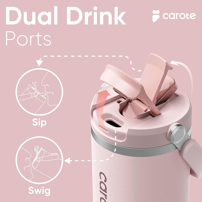 CAROTE 3-Pack Insulated Stainless Steel Water Bottles, Cup Holder Compatible for Travel, Upgraded Leak Proof, 32/32/40 oz Built-In Straw Tumblers Set for Daily Use/Outdoor (Peach)