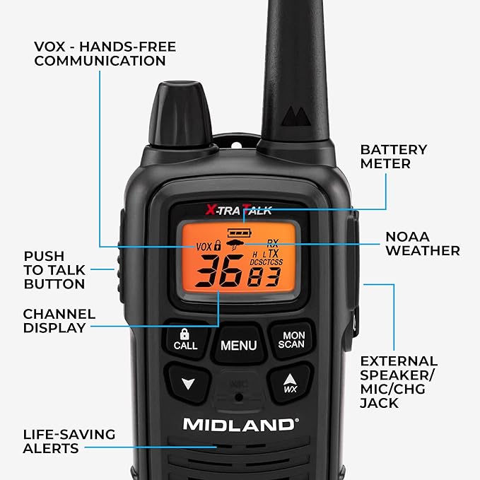 Midland LXT633VP3 FRS Walkie Talkies - Long Range 36-Channel Two-Way Radios, NOAA Weather Alerts (3-Pack, Black)