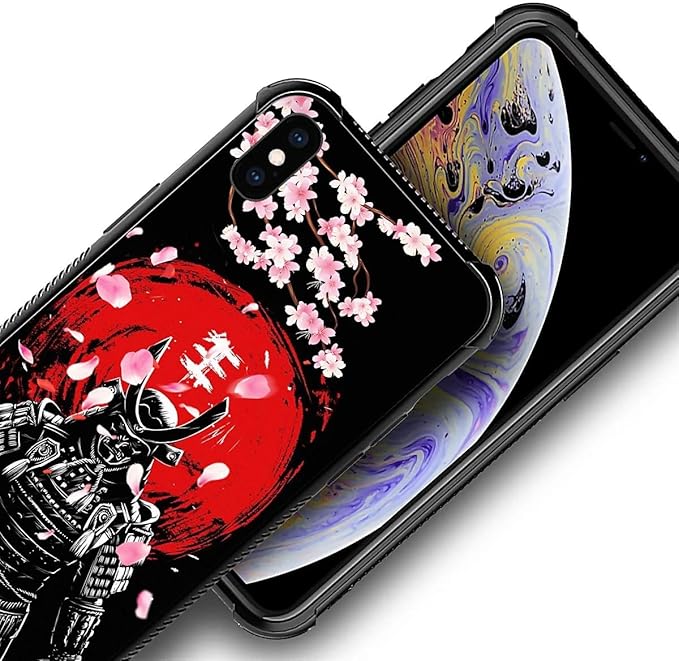 for iPhone X/Xs Case, Sakura Japanese Samurai Pattern Graphic Design Girl Boy Soft Silicone Hard Acrylic Shock Protection for iPhone X/Xs