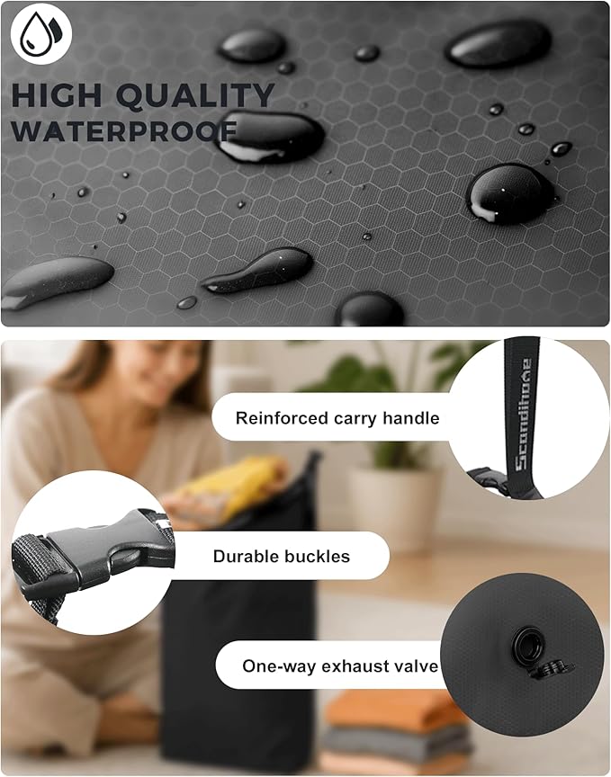 Travel Laundry Bag, Pump-Free Vacuum Compression Dirty Clothes Bag, Small Reusable Waterproof & Washable Laundry Bag, Wet and Dry Bag, Ideal for Suitcases, Road Trip Essentials (1 Pack) Black