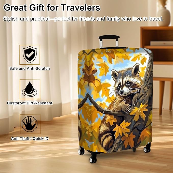Luggage Cover Protector for 26-28 Inch Suitcases, TSA Approved Elastic Travel Suitcase Covers, Anti-Scratch Washable Luggage Sleeve for Carry On & Checked Bags, Raccoon Perched