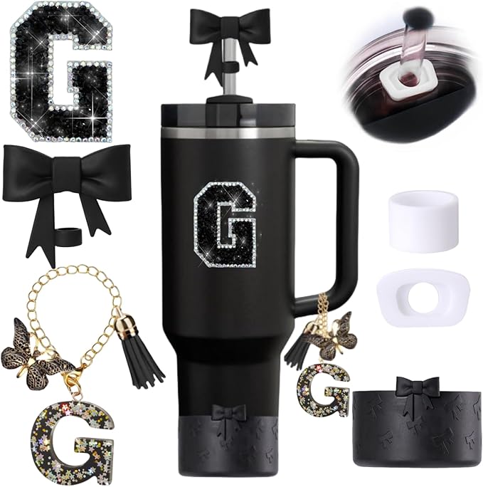 6pcs Black Stanley Cup Accessories Set, Bow Straw Topper for Stanley Cup 30oz 40oz, Including Straw Topper and Bow Silicone Boot, Stoppers Spill Proof, Handle Charm, Initials Sticker