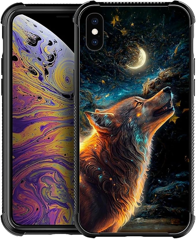 for iPhone X/Xs Case, Star Cave Hungry Wolf Pattern Graphic Design Girl Boy Soft Silicone Hard Acrylic Shock Protection for iPhone X/Xs