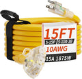 PlugSaf 15 FT 10 Gauge Outdoor Extension Cord with Multiple Outlets Light Indicator, Flexible 3 Outlet Weatherproof Heavy Duty Extension Cord Waterproof Yellow, 15A 1875W 10AWG SJTW, ETL Listed