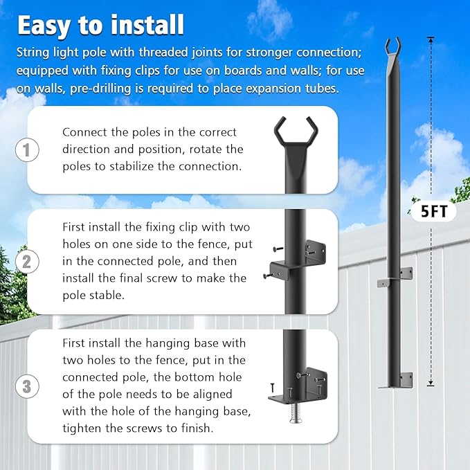 NUERPO 10 Pack String Light Poles,5Ft Metal Poles for Outdoor String Lights,Outdoor Light Poles with Post,Poles/Stand for Outside,Patio,Deck,Backyard,Garden Wedding,Party