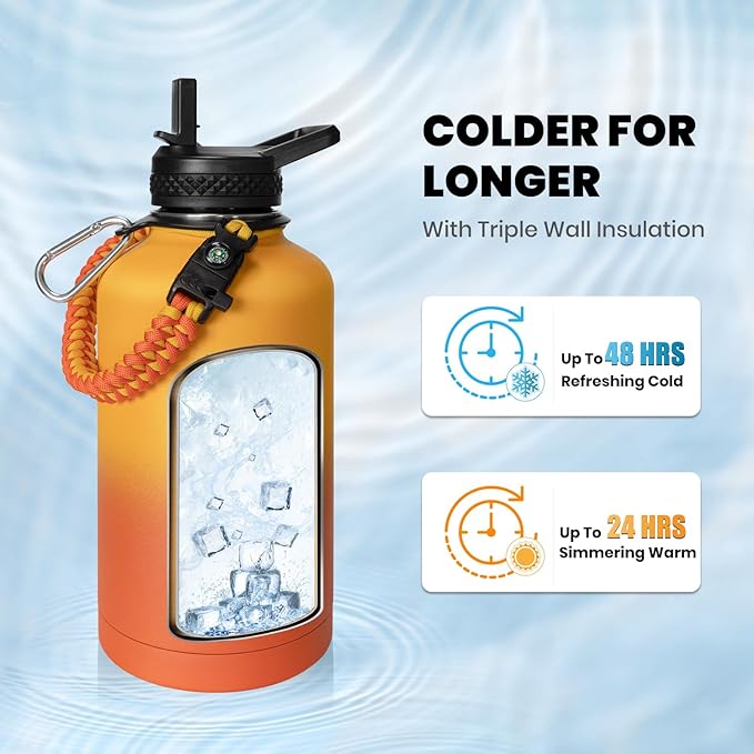 RAYMYLO Insulated Water Bottle 64 oz, Triple Wall Vacuum Stainless Steel (Cold for 48 Hrs), Leak Proof & Non-BPA, Half Gallon Water Flask Jug with Paracord Handle & Straw Spout Lids, Ombre Orange
