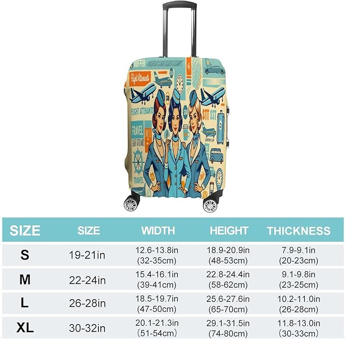 Flight Attendants Travel Vintage Style Retro Stretch Luggage Cover, Washable Suitcase Protector Fits 19-21in Cases, Secure Fit for Carry On Checked Bags, Travel Essentials