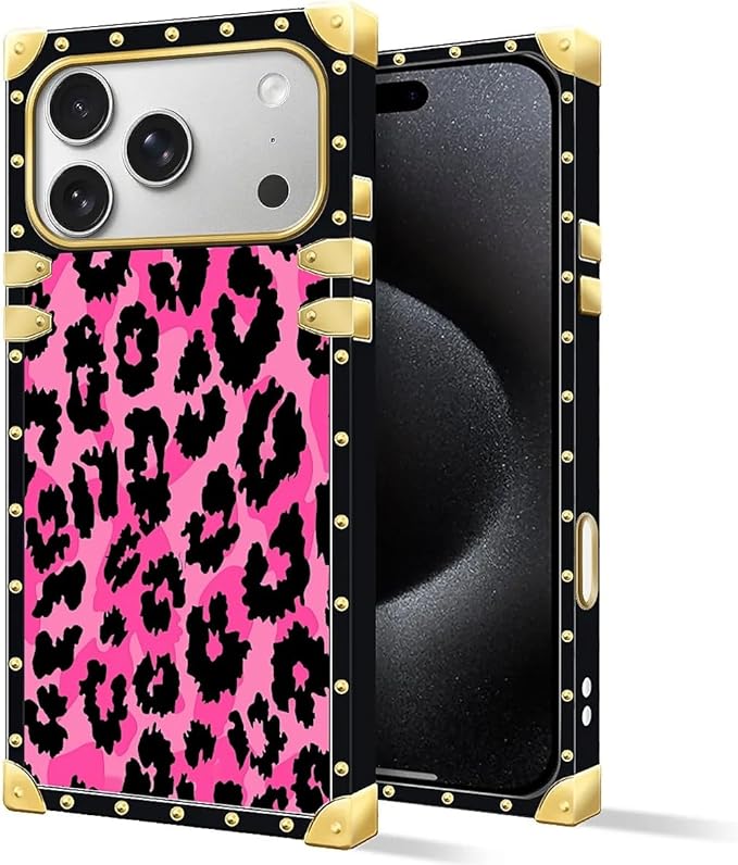 for iPhone 17 Pro Max Case Luxury Golden Decoration for Girl Women Soft TPU Shockproof Protective Hard PC Back for iPhone 17 Pro Max Crazy Pattern Pink Black Leopard