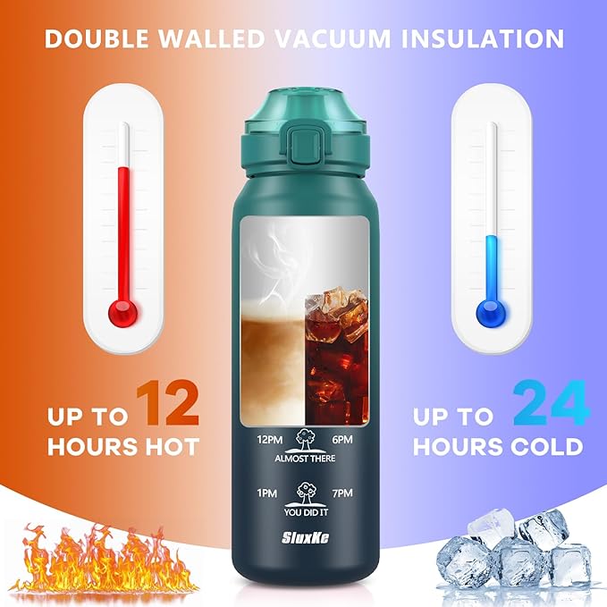 SLUXKE Insulated water bottle with Straw and Chug Lids, 18/10 Stainless Steel 24oz Water Bottle BPA Free, Double Wall Vacuum Wide Mouth Insulated Water Bottle for Men, Women & Kids BLUE BLUE