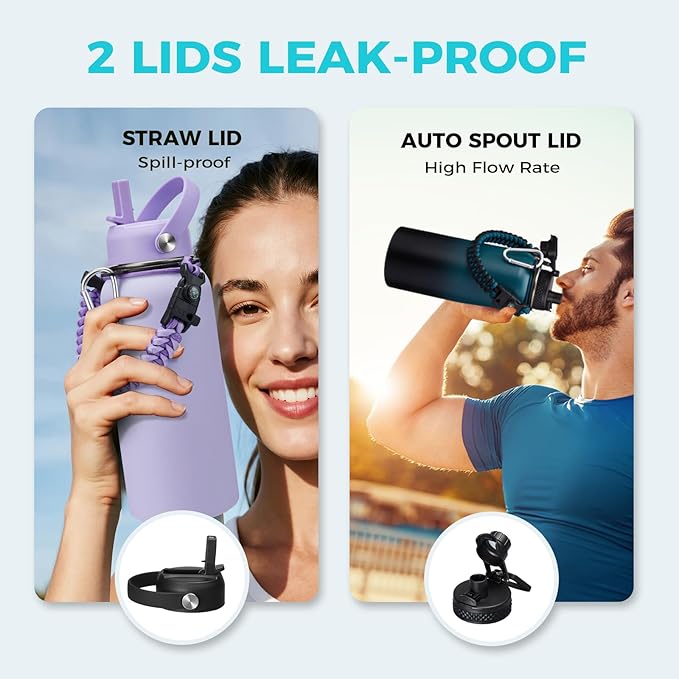 32/40/64 OZ Water Bottle with Straw - Spout Lid, Kepp Cold-48H Hot-24H, Insulated Water Bottles with Strap Carrier Bag, Paracord Handle, Protective Boot, Leakproof Metal Hydro Water Flask