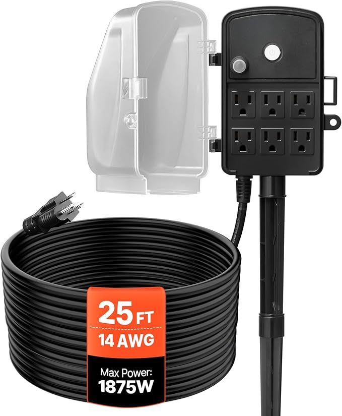 VEVOR Outdoor Power Stake Waterproof, 25 FT Extension Cord, Outdoor Power Strip, Weatherproof with Cover and Overload Protection, 6 Outlets, 15A/1875W for Halloween/Christmas Lights Decorations