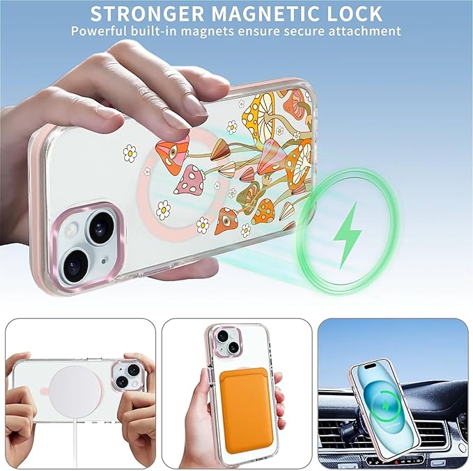 Case for iPhone 14 Plus/15 Plus,[Compatible with MagSafe],Retro Mushroom Sunflower Phone Case Design，for Women Girls Magnetic Clear Cover - Slim, Sleek, & Shockproof Protection