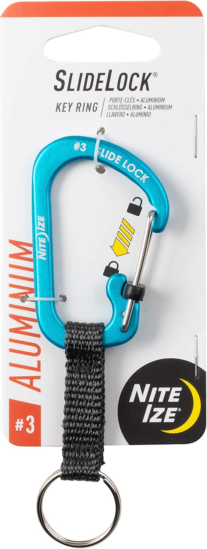 Nite Ize SlideLock Key Ring, Aluminum Locking Carabiner Key Chain with Webbing, Blue
