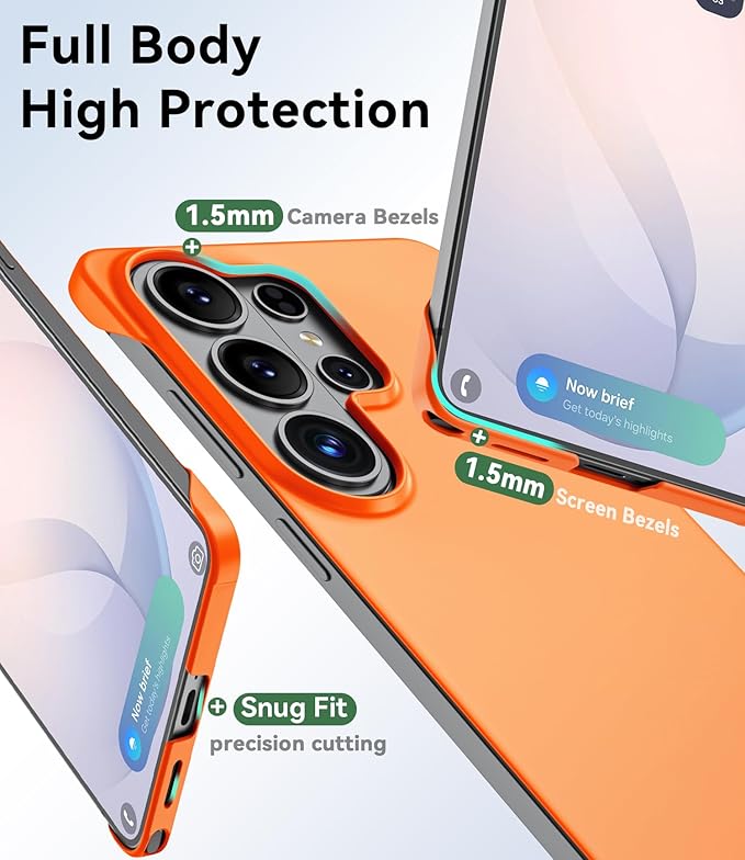 GRECAZO Slim Borderless for Samsung Galaxy S26 Ultra Phone Case 6.9"(2026) Ultra-Thin Lightweight Frameless Matte Hard PC Cover Case with Pull Ring Minimalist Non Slip Rope-Orange
