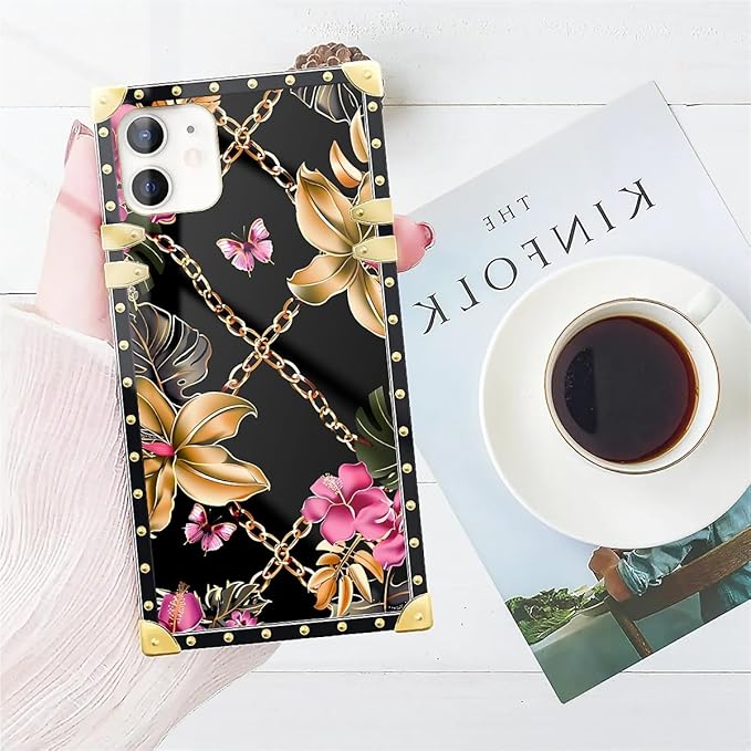 Compatible with iPhone 11 Case, Pink Golden Chain Tropical Flower Luxury Golden Decoration for Girl Women Soft TPU Shockproof Protective Hard PC Back for iPhone 11