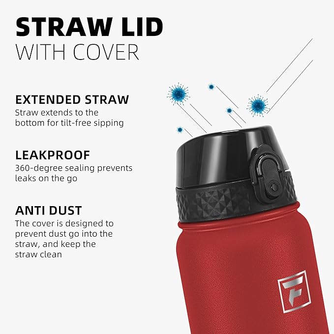 Fanhaw 40 oz Insulated Stainless Steel Water Bottle with Straw Lid, Leakproof Extra-Large Sports Bottle for Men & Women (Red)