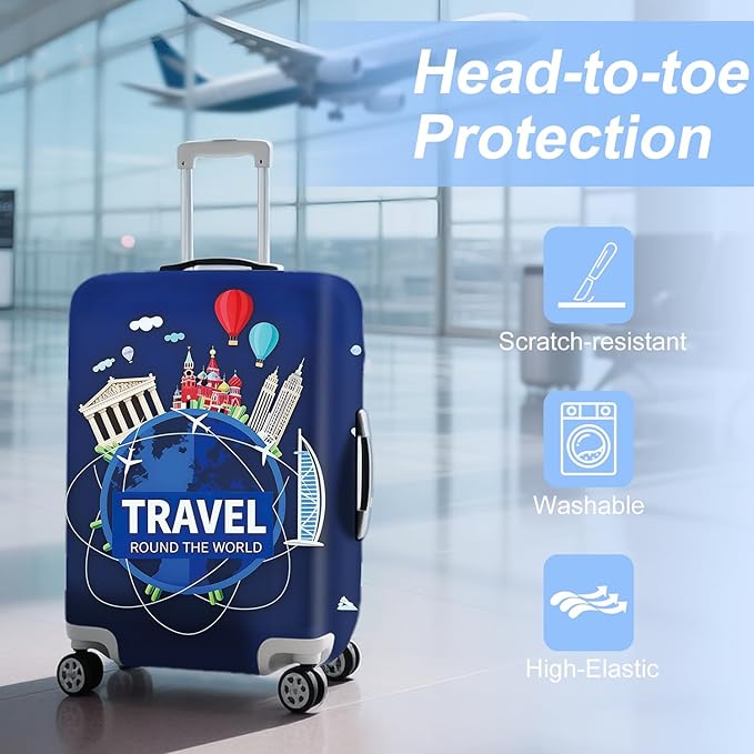 ANNA QUEEN Travel Globe Airplane Luggage Cover -Stretchable Airplane Suitcase Protector Sleeve,Universal Washable Fit for 20-37 Inch Checked Baggage,Water Resistant Durable Luggage Protector