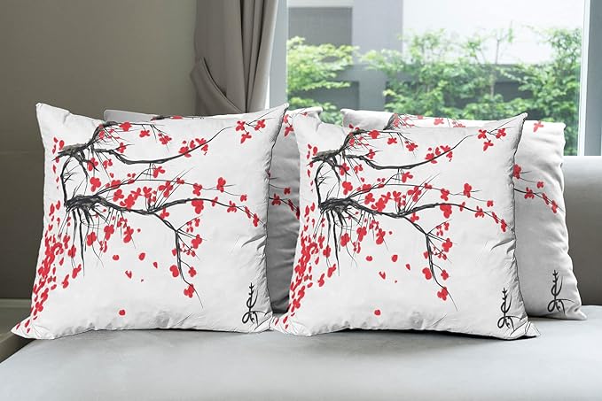Ambesonne Nature Throw Pillow Cushion Case Pack of 4, Sakura Blossom Japanese Cherry Tree Garden Summertime Vintage Cultural Print, Modern Accent Double-Sided Digital Printing, 16", Grey Vermilion