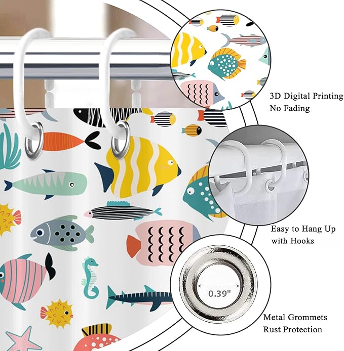 Kid Shower Curtain, Colorful Cartoon Tropical Fish Ocean Beach Theme Bath Curtain Waterproof Fabric Machine Washable with Hooks, 72" Wx84 L