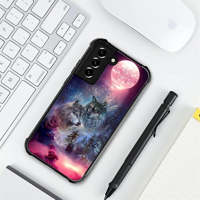 for Samsung Galaxy S22 Case, Star Two Wolfs Howling Pattern Graphic Design Girl Boy Soft Silicone Hard Acrylic Shock Protection for Samsung Galaxy S22