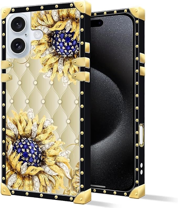 Compatible with iPhone 16 Case, Sunflower Diamonds Leather Luxury Golden Decoration for Girl Women Soft TPU Shockproof Protective Hard PC Back for iPhone 16