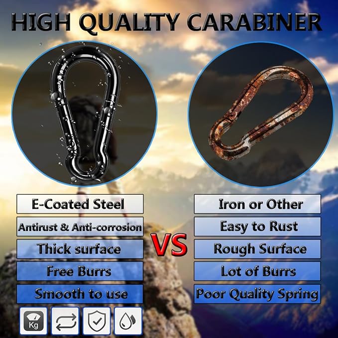 Black Carabiner Clip, Heavy Duty Spring Snap Hook Quick Link for Outdoor Camping, Hiking, Fishing, Swing Set, Hammock, Keychain