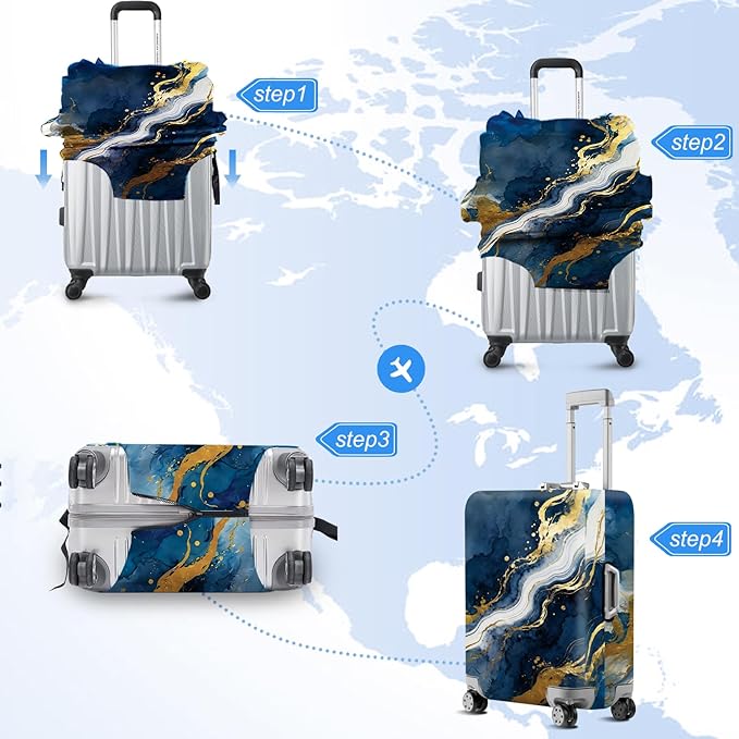 ANNA QUEEN Blue Abstract Marble Travel Luggage Cover -Stretchable Airplane Suitcase Protector Sleeve,Universal Washable Fit for 28-30 Inch Checked Baggage,Water Resistant Durable Luggage Protector